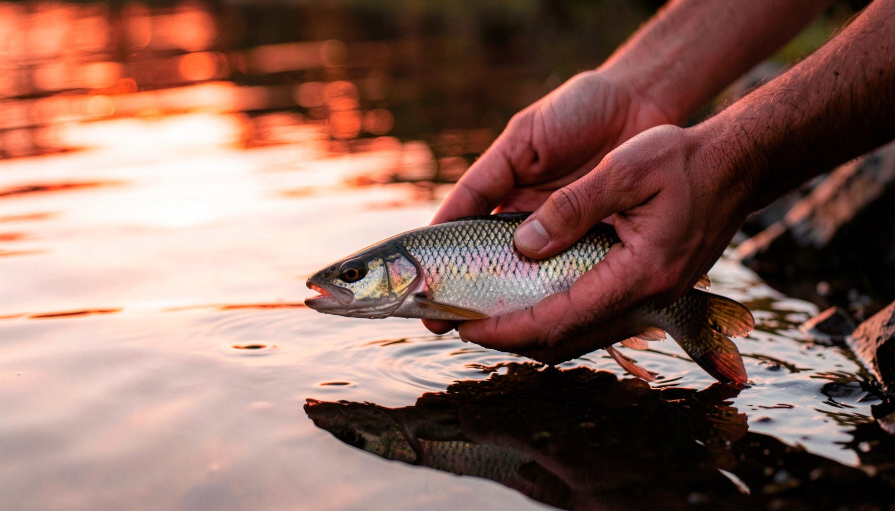 Primer plano de unas manos sosteniendo con cuidado un pez plateado junto a la superficie del agua, listo para ser devuelto. La luz dorada del atardecer se refleja en el agua tranquila, creando un ambiente sereno y respetuoso con la naturaleza.