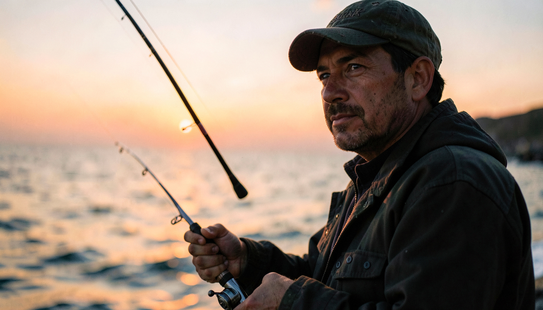 Primer plano de un pescador sosteniendo una caña al atardecer, con el mar dorado de fondo y una expresión serena. Tonos cálidos anaranjados y azules suaves.