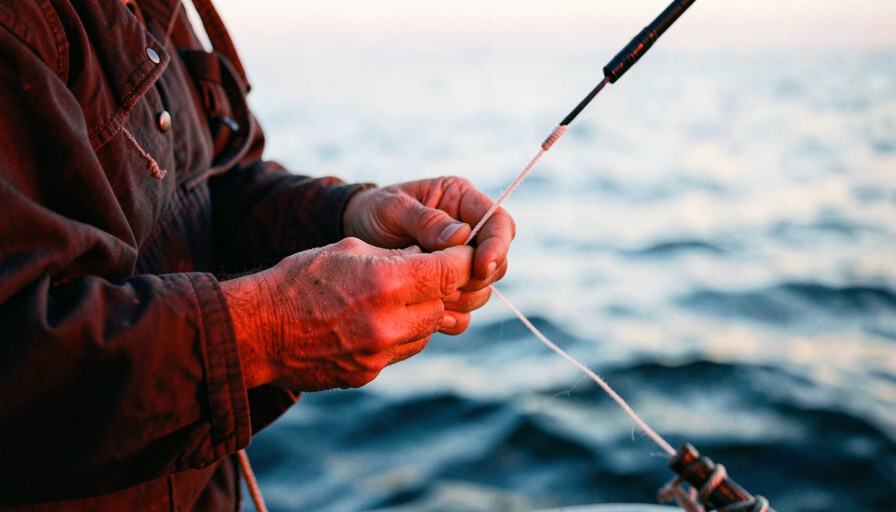 Primer plano de un pescador revisando cuidadosamente el hilo y el nudo de su caña antes de lanzar, con el agua del mar al fondo en tonos azulados y plateados bajo una luz suave de atardecer.