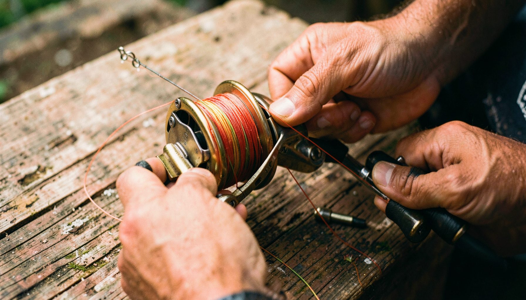 Carrete de pesca con hilo nuevo siendo enrollado por manos expertas, sobre una superficie de madera gastada, con tonos cálidos y metálicos.