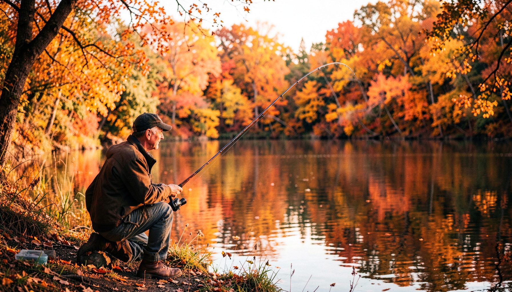 Pescador junto a un lago en otoño, rodeado de árboles con hojas amarillas y naranjas, caña curvada sobre el agua tranquila bajo una luz suave de media tarde.