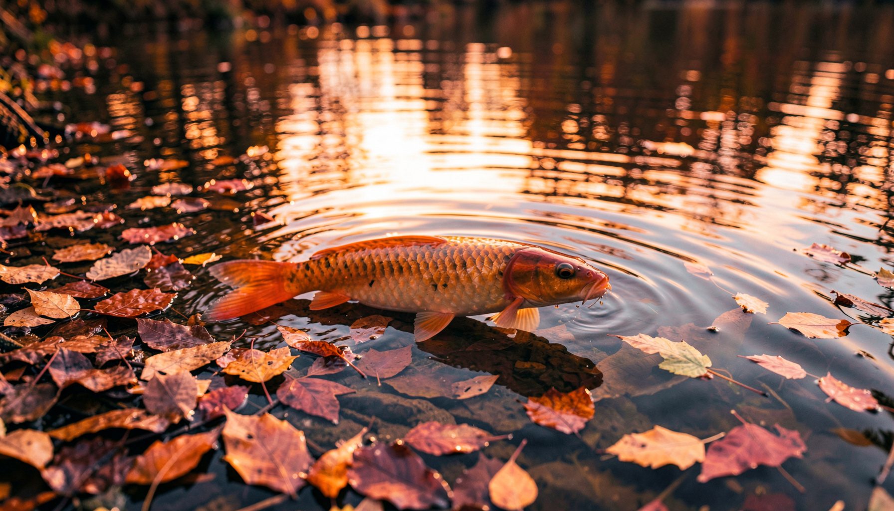 Carpa dorada brillando bajo la superficie de un lago otoñal, rodeada de hojas caídas de tonos marrones y naranjas, agua tranquila con reflejos dorados del atardecer.