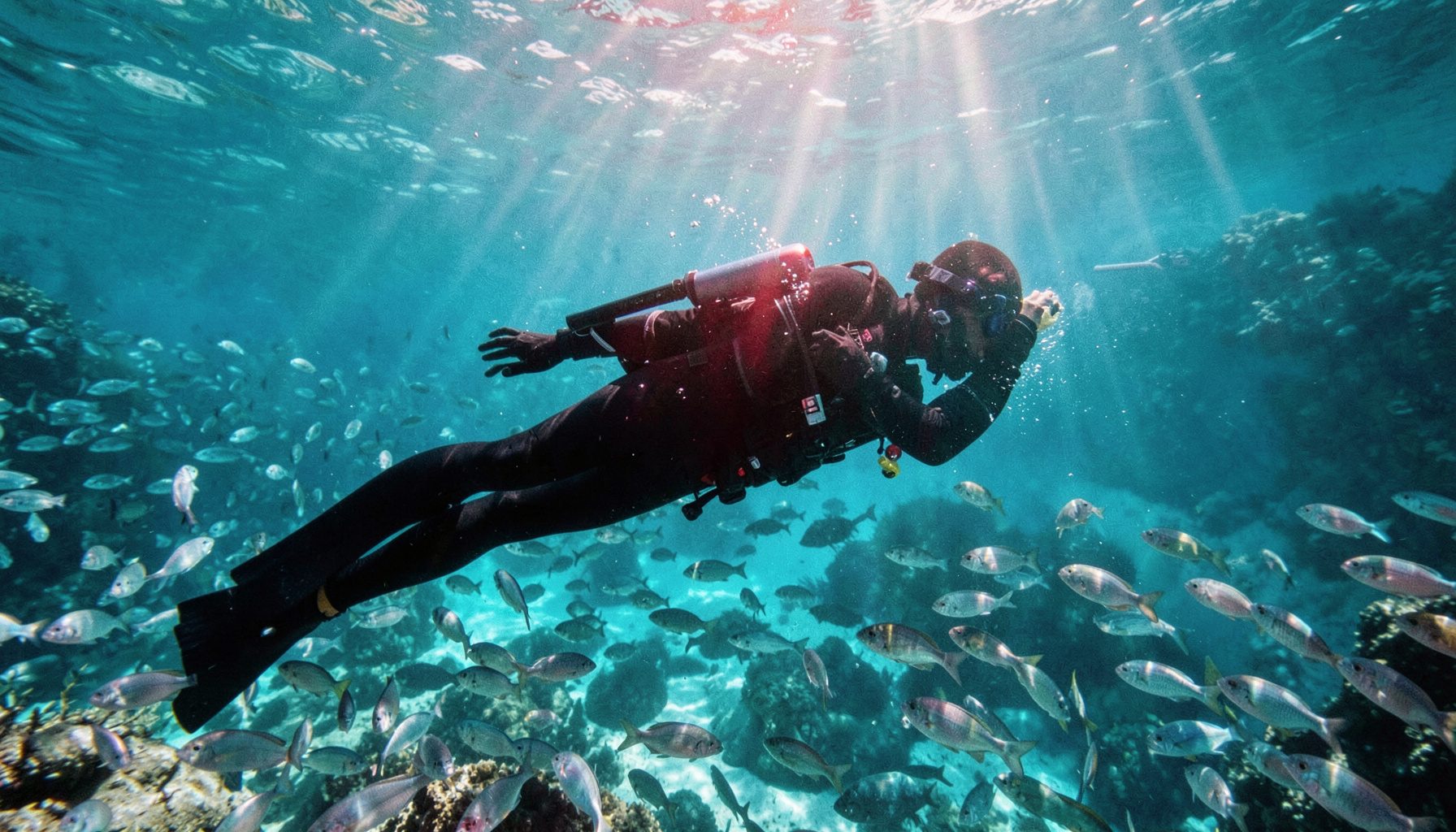 Buceador con traje de neopreno negro y aletas largas flotando en aguas cristalinas de tonos azul turquesa, rodeado de un banco de peces plateados, con la luz del sol filtrándose desde la superficie en rayos diagonales.