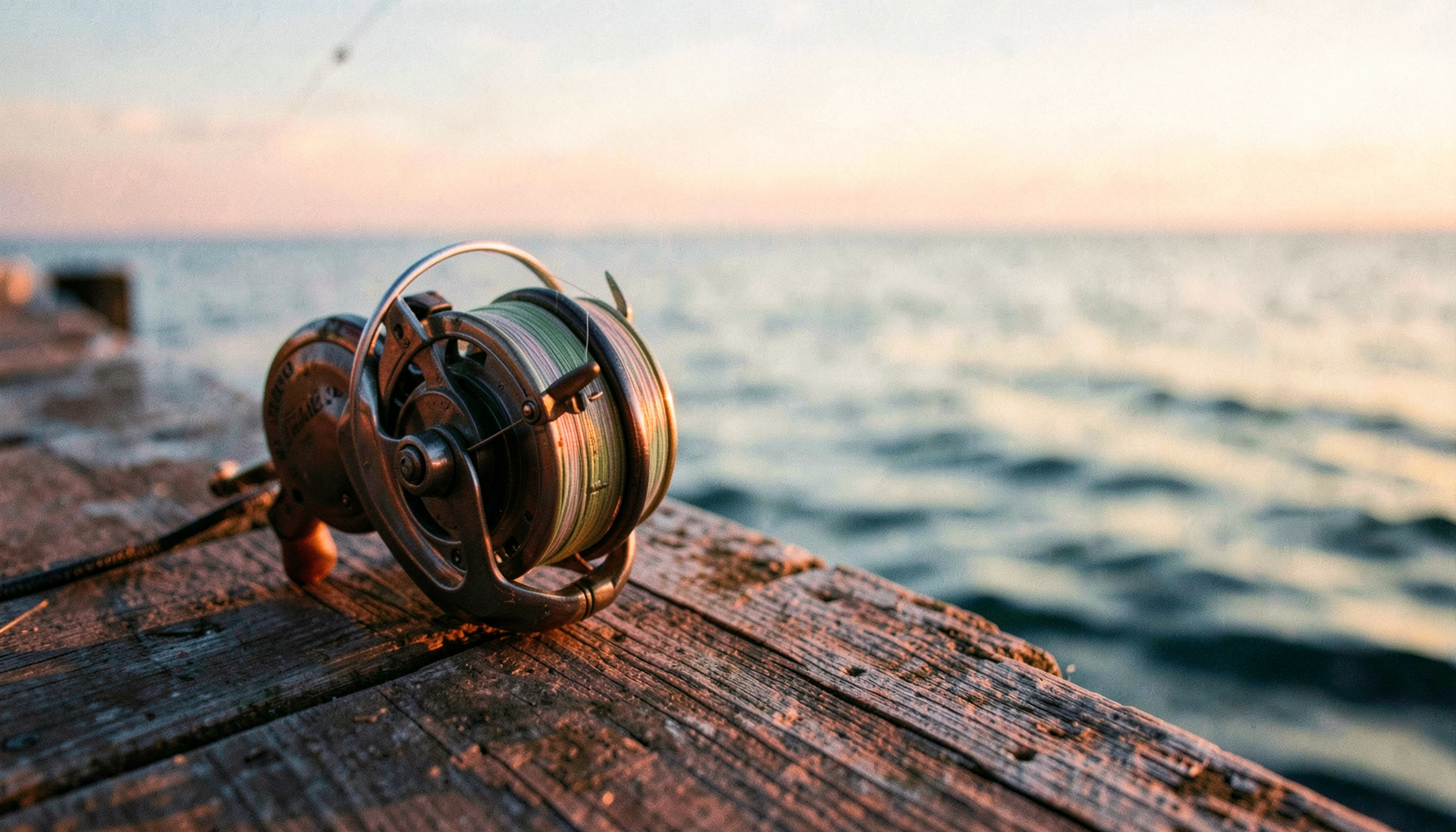 Primer plano de un carrete de pesca sobre un muelle de madera al atardecer, con el mar en calma y tonos dorados y azules suaves.
