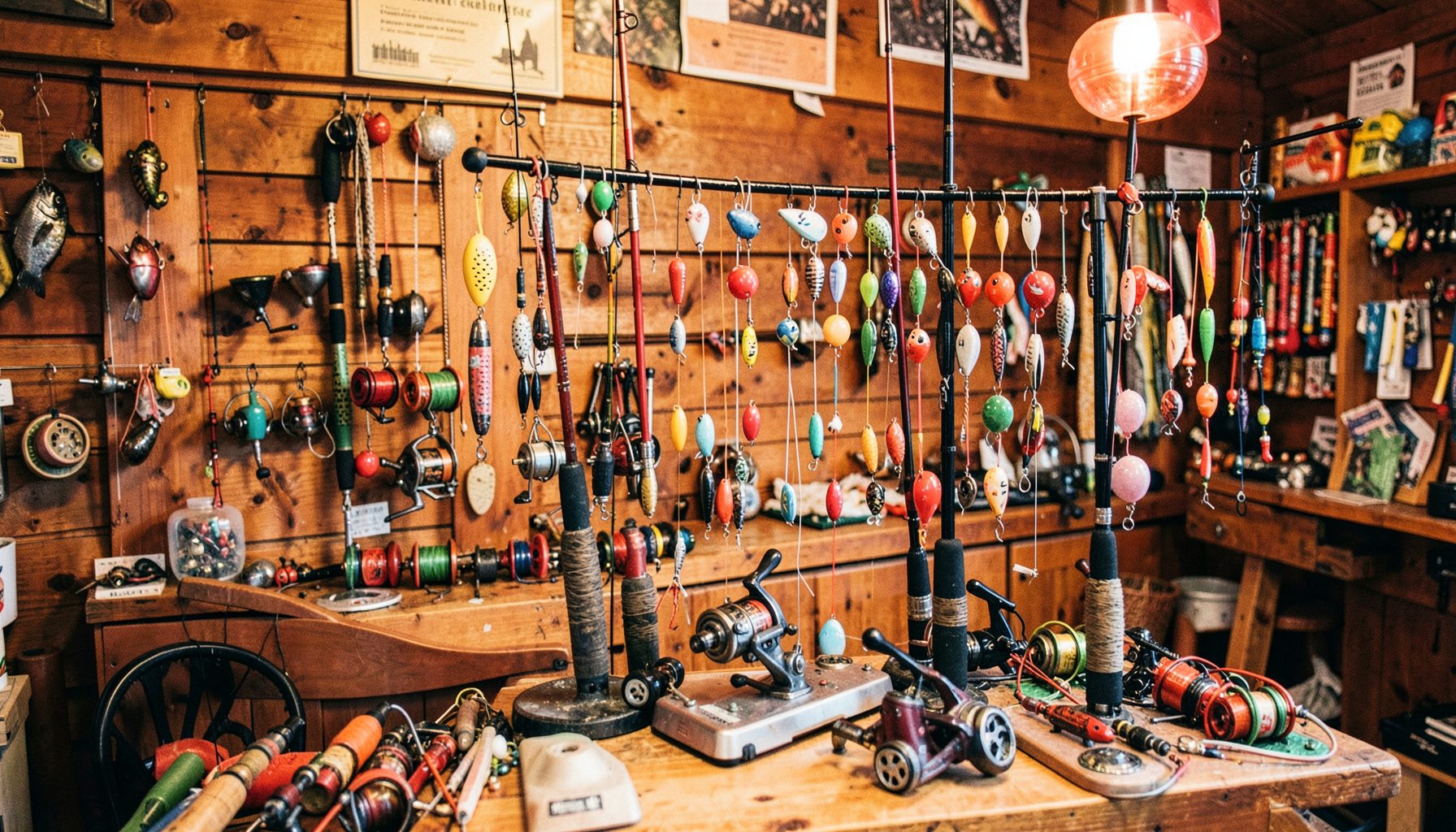 Mostrador de tienda de pesca con carretes, cañas y señuelos coloridos sobre fondo de madera, iluminación cálida y ambiente acogedor.