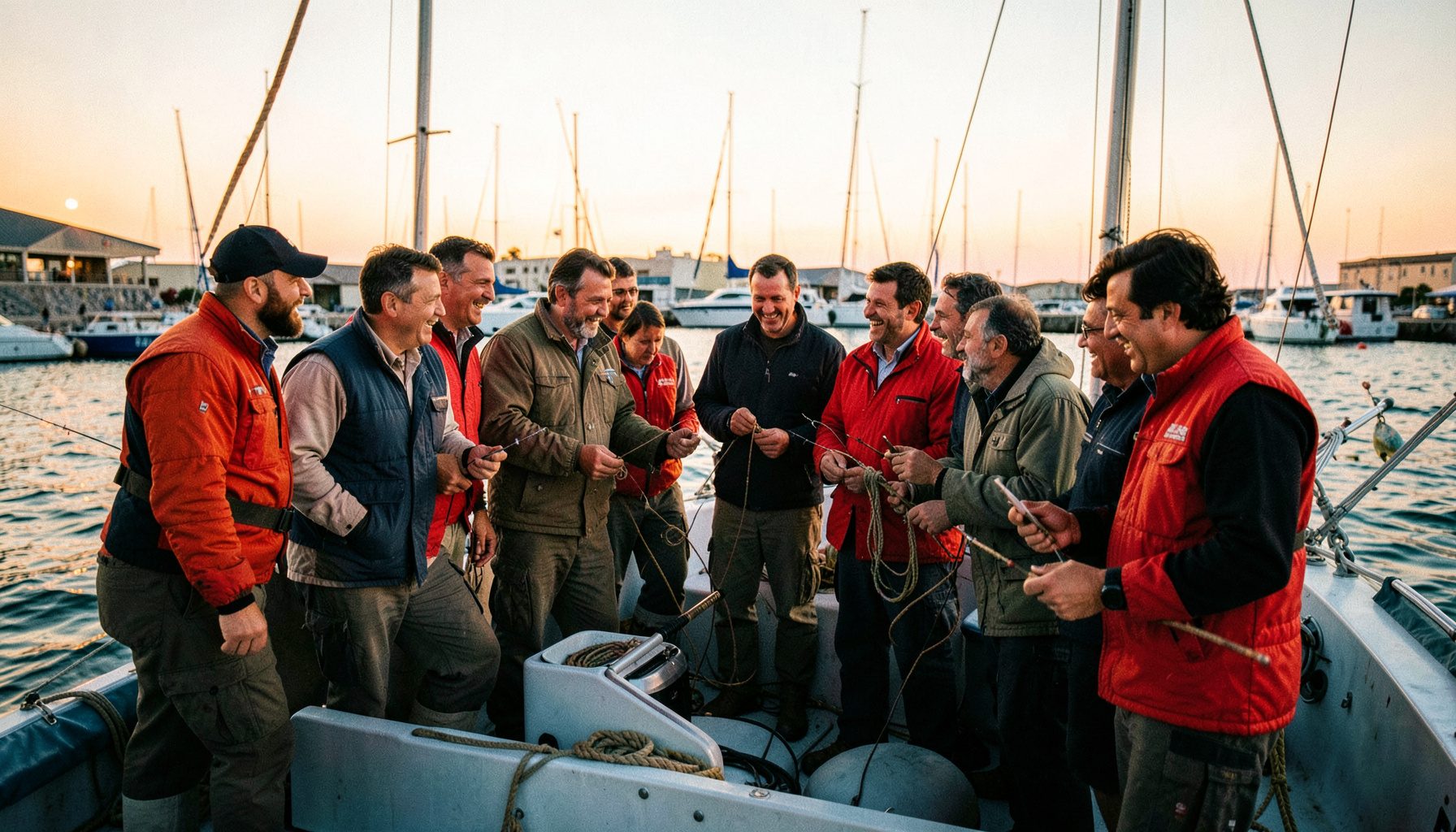 Grupo de pescadores reunidos al atardecer junto a una embarcación en un puerto deportivo, compartiendo anécdotas con cañas y aparejos. Tonos cálidos dorados y azul marino, ambiente de camaradería y pasión por el mar.